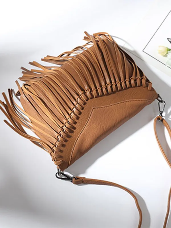 Faux Leather Fringe Messenger Bag - Envelope Purse