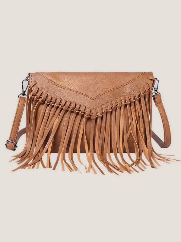 Faux Leather Fringe Messenger Bag - Envelope Purse