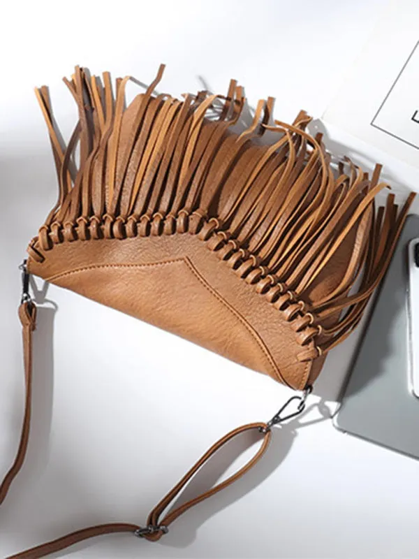 Faux Leather Fringe Messenger Bag - Envelope Purse