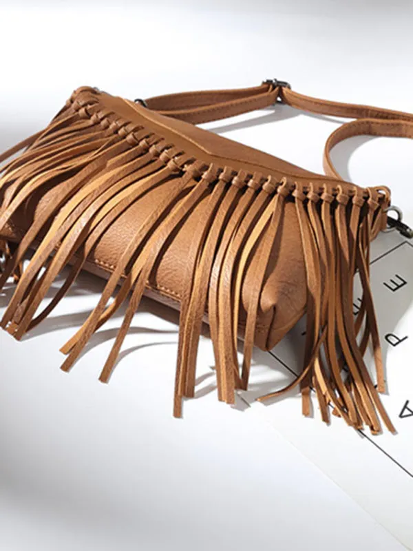 Faux Leather Fringe Messenger Bag - Envelope Purse