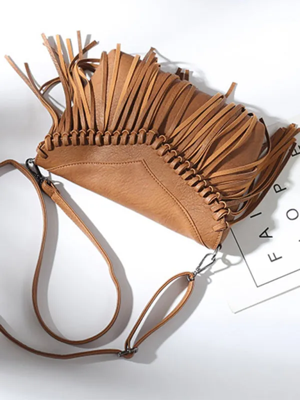 Faux Leather Fringe Messenger Bag - Envelope Purse