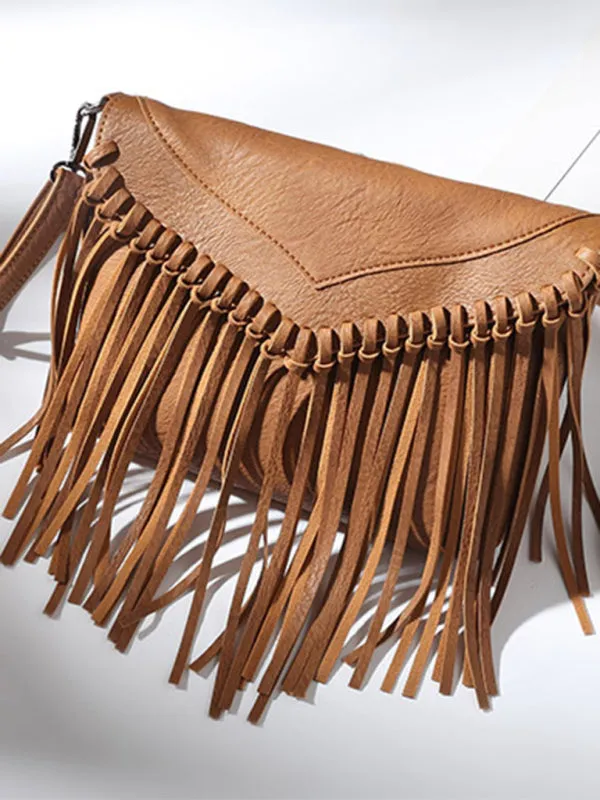 Faux Leather Fringe Messenger Bag - Envelope Purse