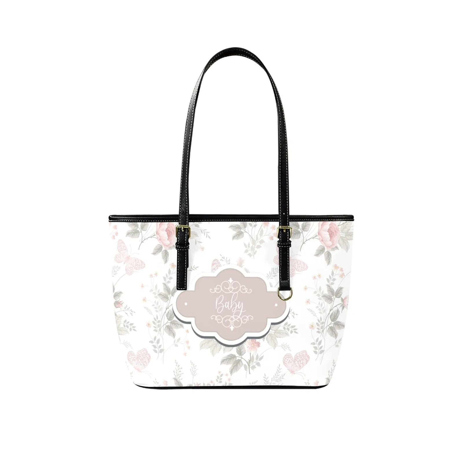 Floral Leather Tote Bag Personalized For Baby Genuine Cross-Grain Leather for Baby Shower