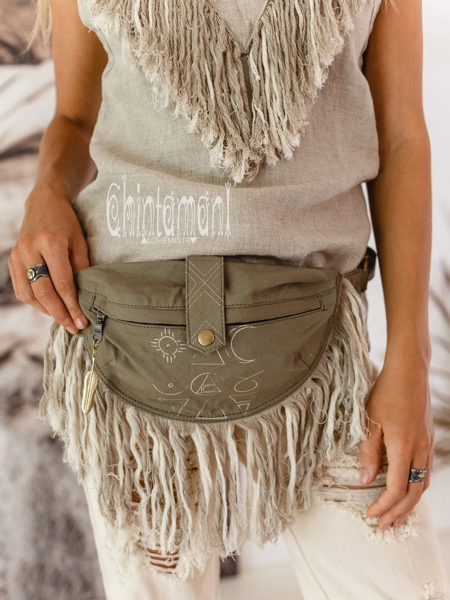 Fringe Cotton Canvas Banana Fanny Pack / Waist Bum Bag / Army Green