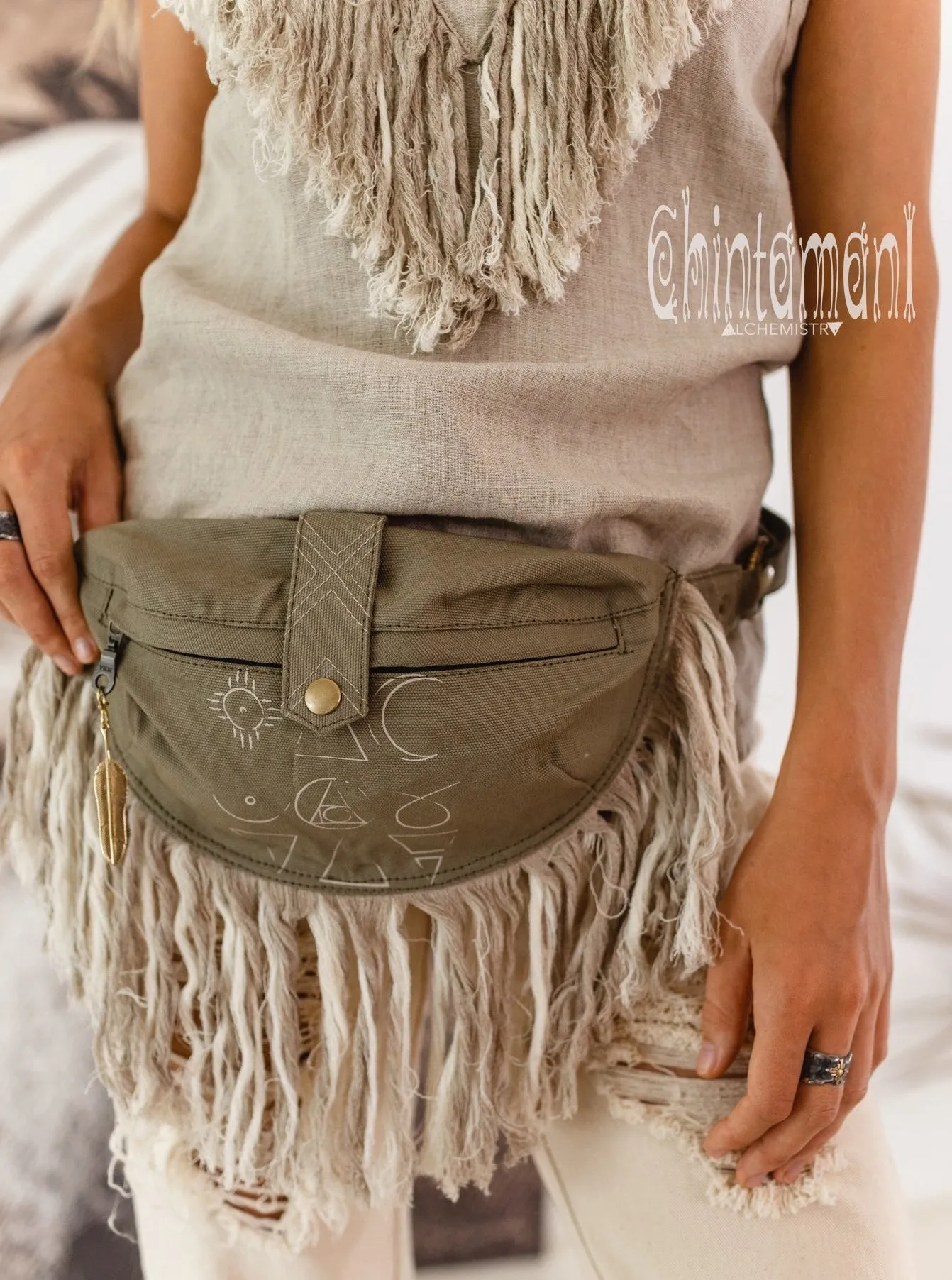 Fringe Cotton Canvas Banana Fanny Pack / Waist Bum Bag / Army Green