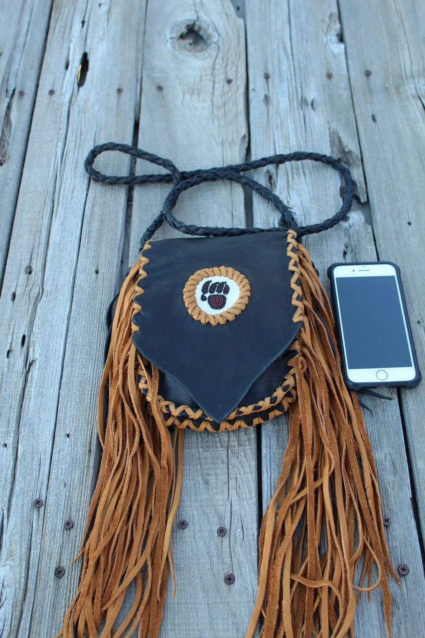 Fringed beaded bear paw leather bag, small leather bag