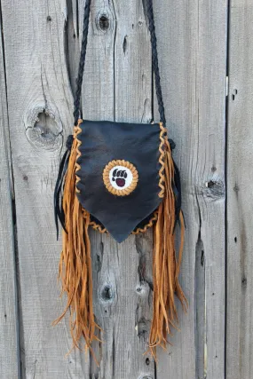 Fringed beaded bear paw leather bag, small leather bag