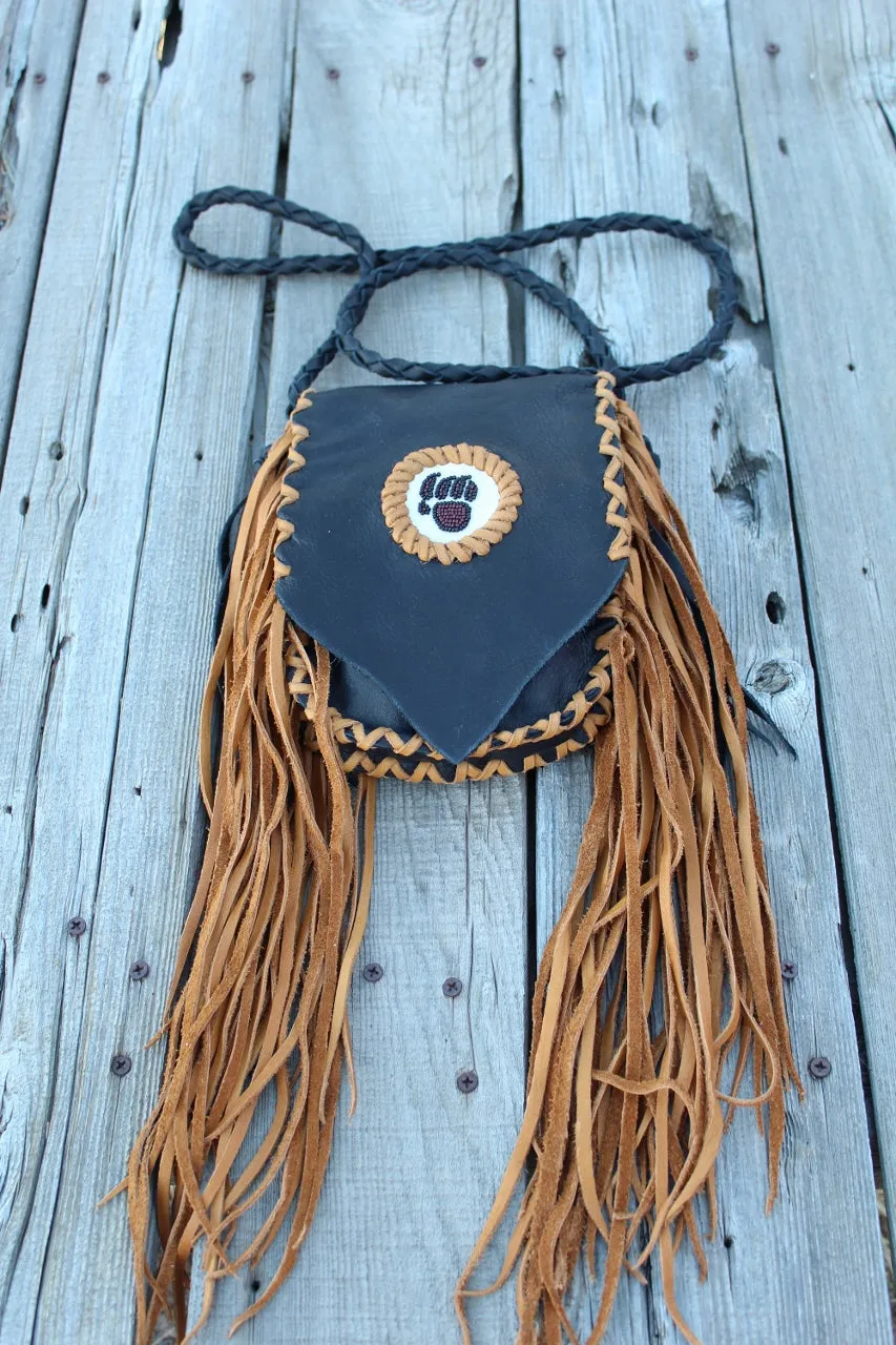 Fringed beaded bear paw leather bag, small leather bag