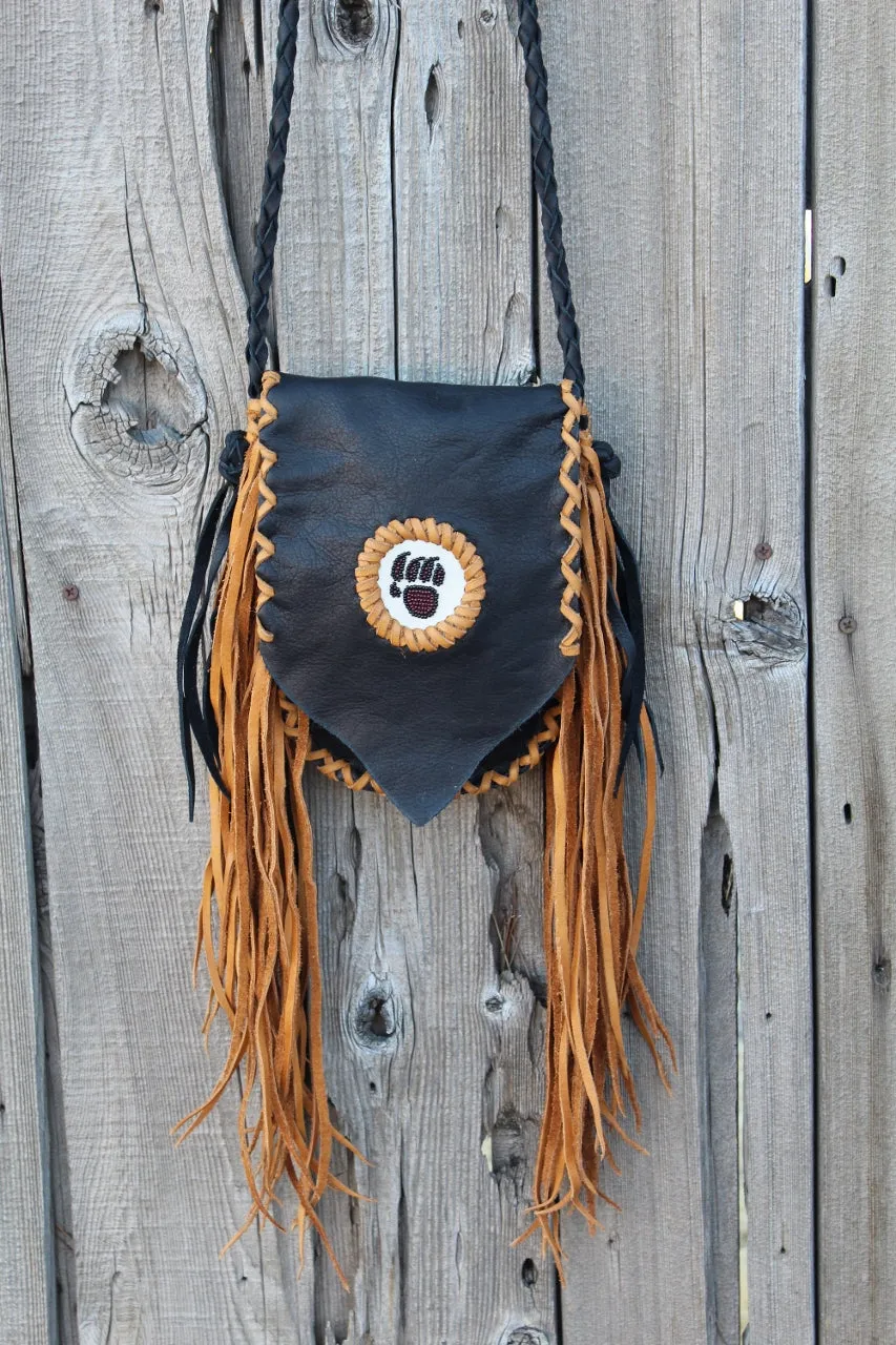 Fringed beaded bear paw leather bag, small leather bag