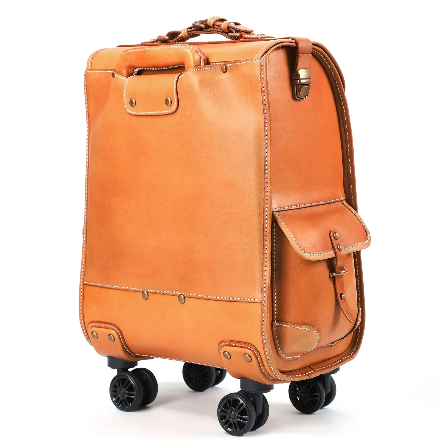 Genuine Vintage Vegetable Tanned Leather Check-In  Carry On Business Rolling Bag Rotate Universal Wheel 23 Inch Leather Business Trolley Bag