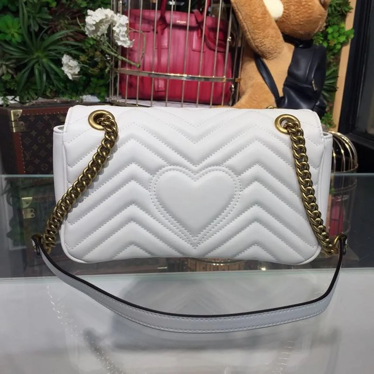 gg Marmont Small Matelassé Shoulder Bag White Chevron For Women 10in/25cm 443497 DTDIT 9022