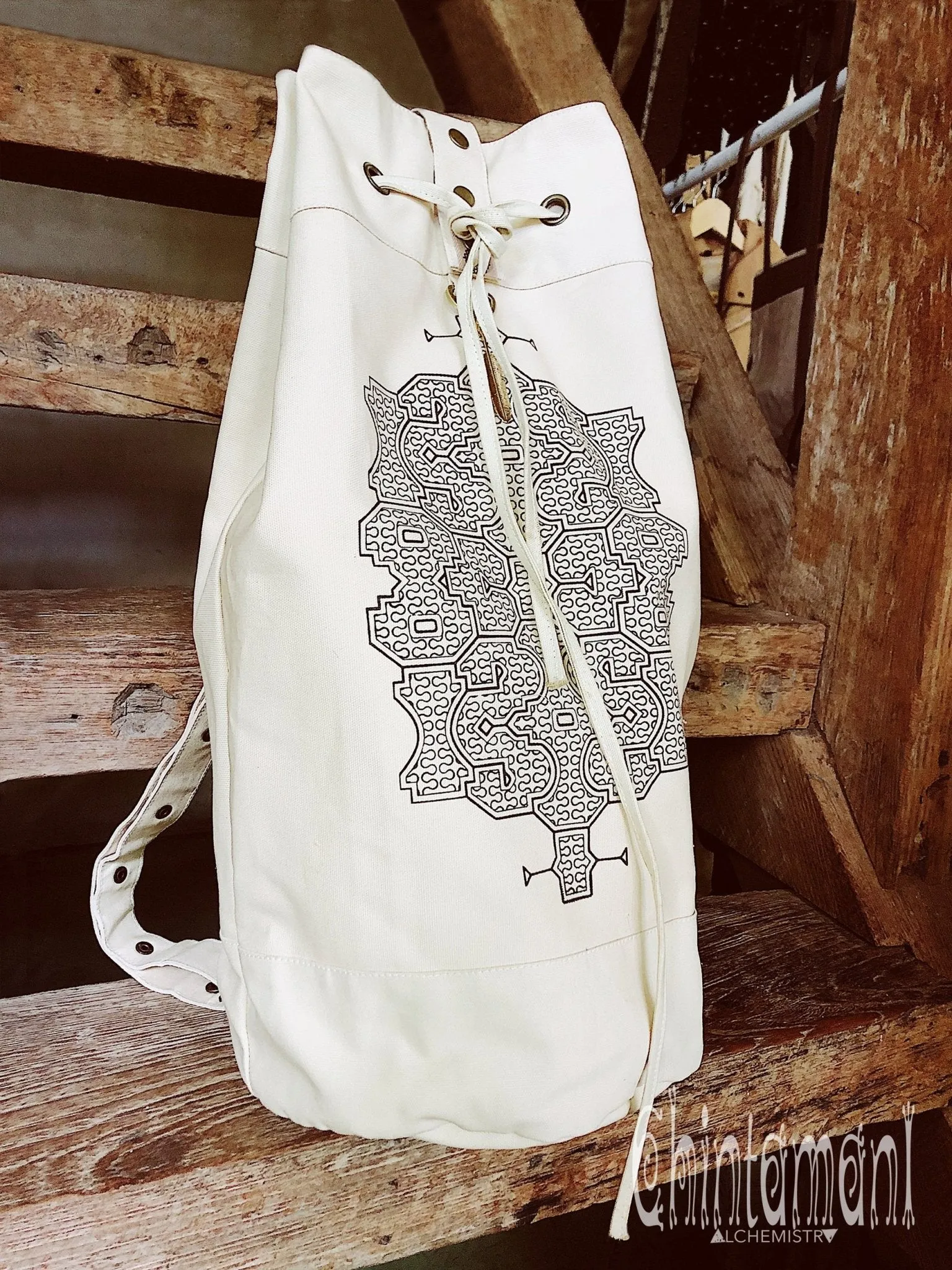 Giant Cotton Canvas Torba Backpack with Shipibo Print / Off White