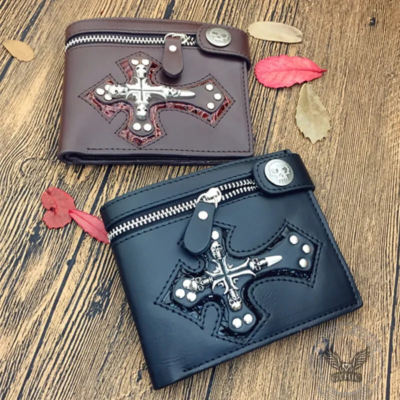 Gothic Skull Cross Bifold Leather Wallet