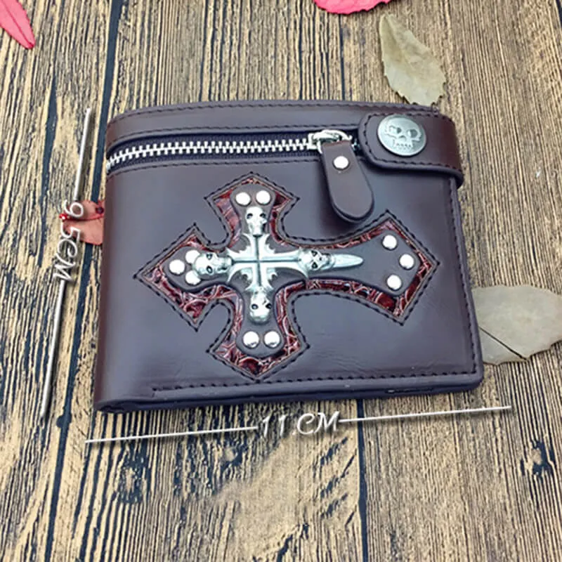 Gothic Skull Cross Bifold Leather Wallet