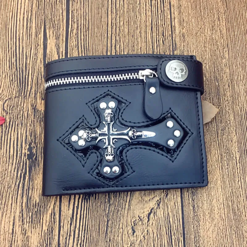 Gothic Skull Cross Bifold Leather Wallet