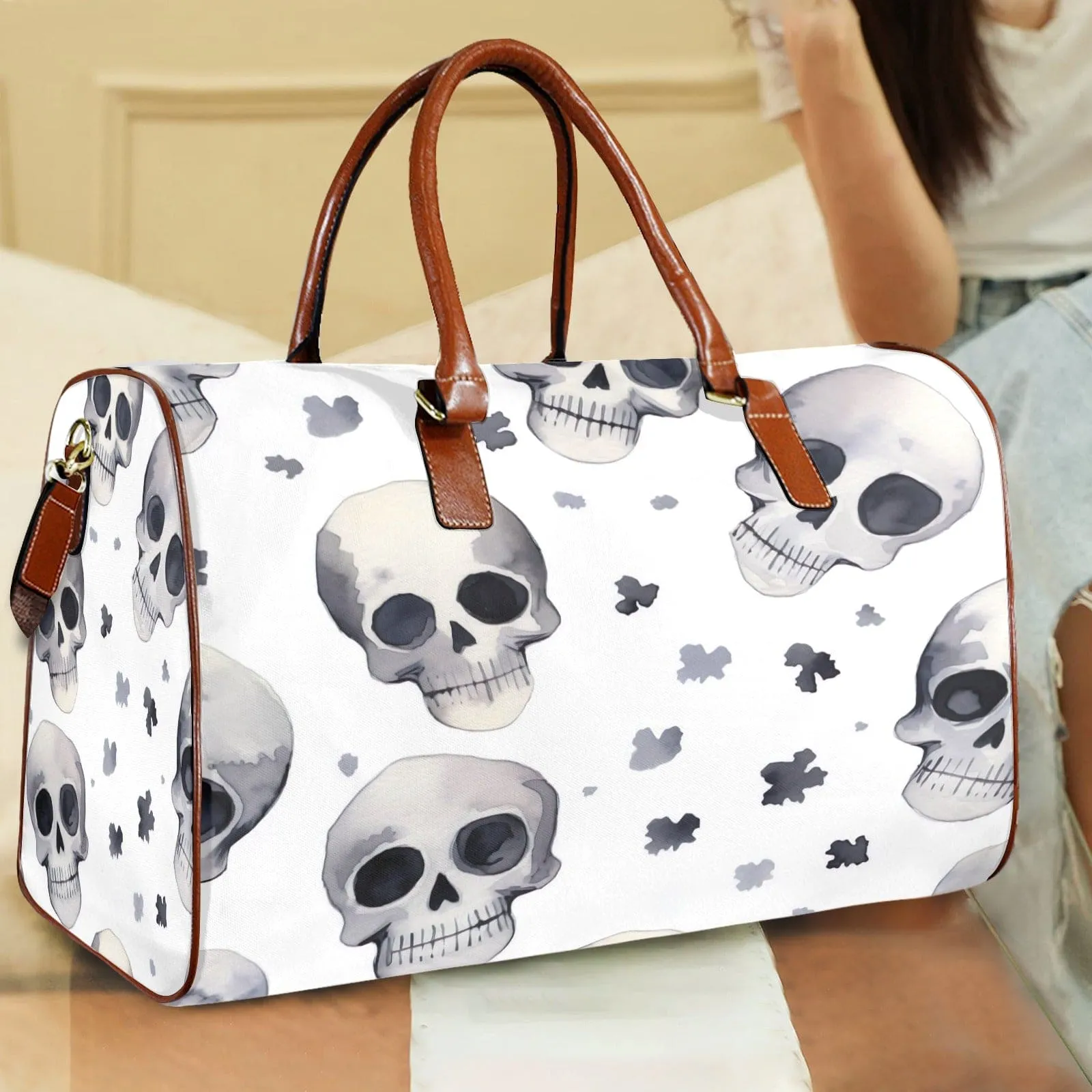 Greyscale Skulls Brown Handle & Strap Travel Bag