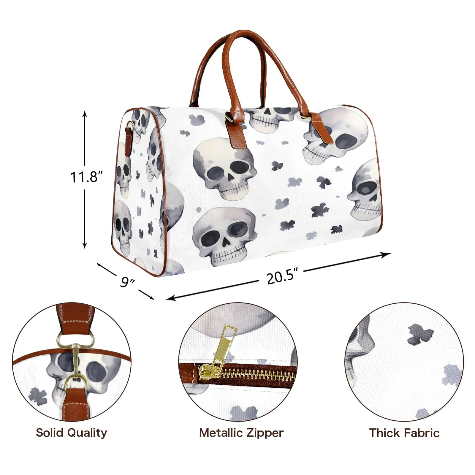 Greyscale Skulls Brown Handle & Strap Travel Bag