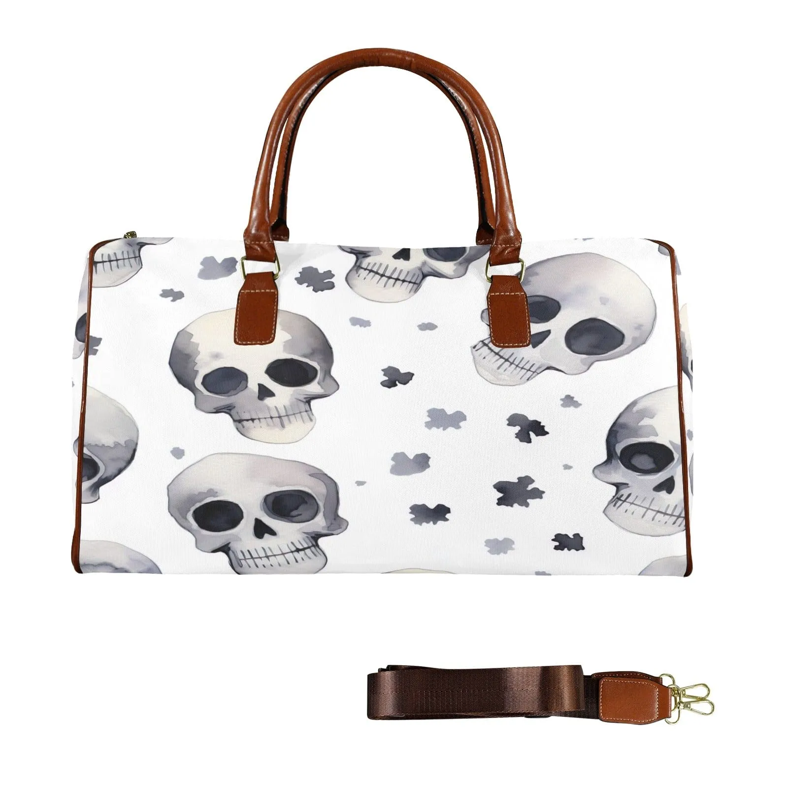 Greyscale Skulls Brown Handle & Strap Travel Bag