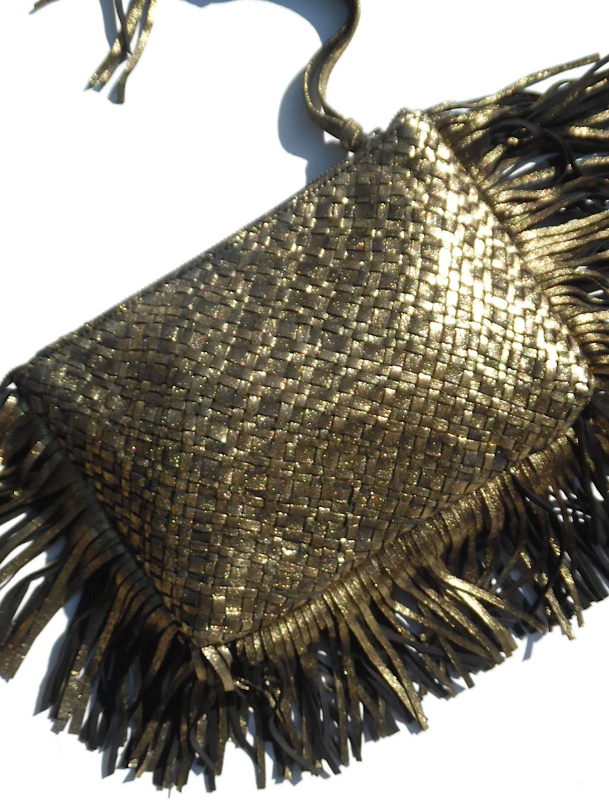 Hand Woven Leather Clutch With Fringe And Tassel Metallic