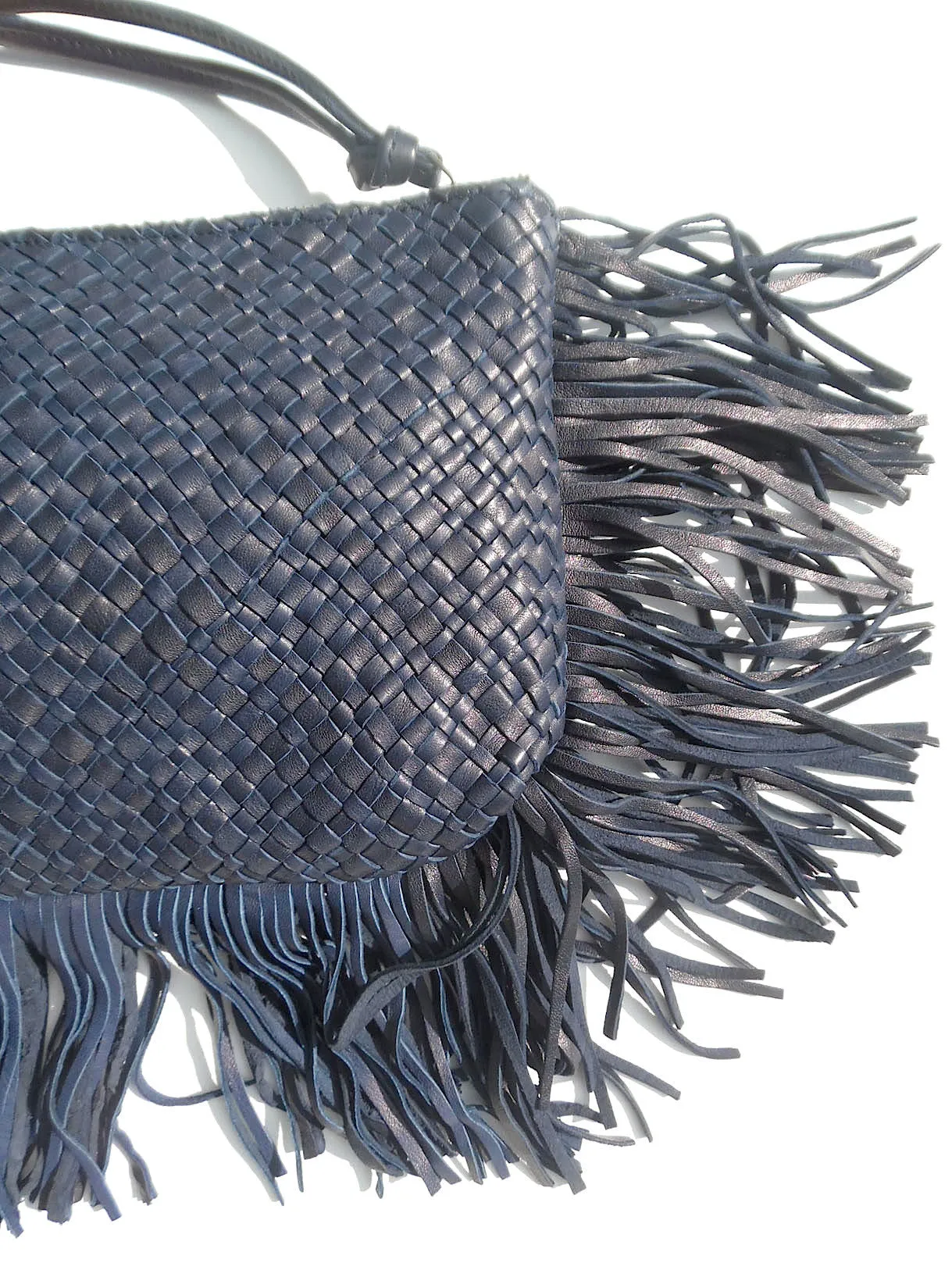 Hand Woven Leather Clutch With Fringe And Tassel Metallic