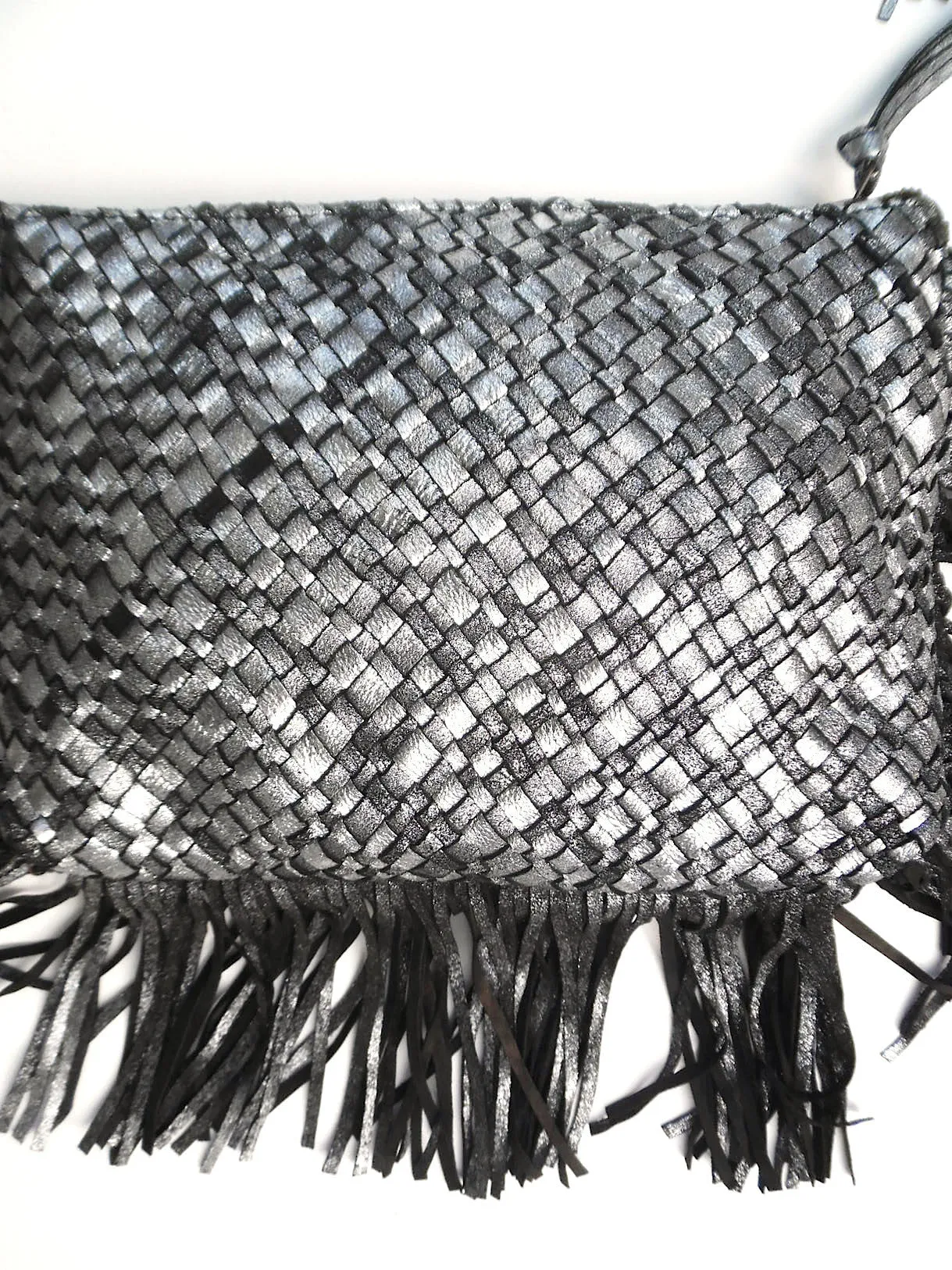 Hand Woven Leather Clutch With Fringe And Tassel Metallic