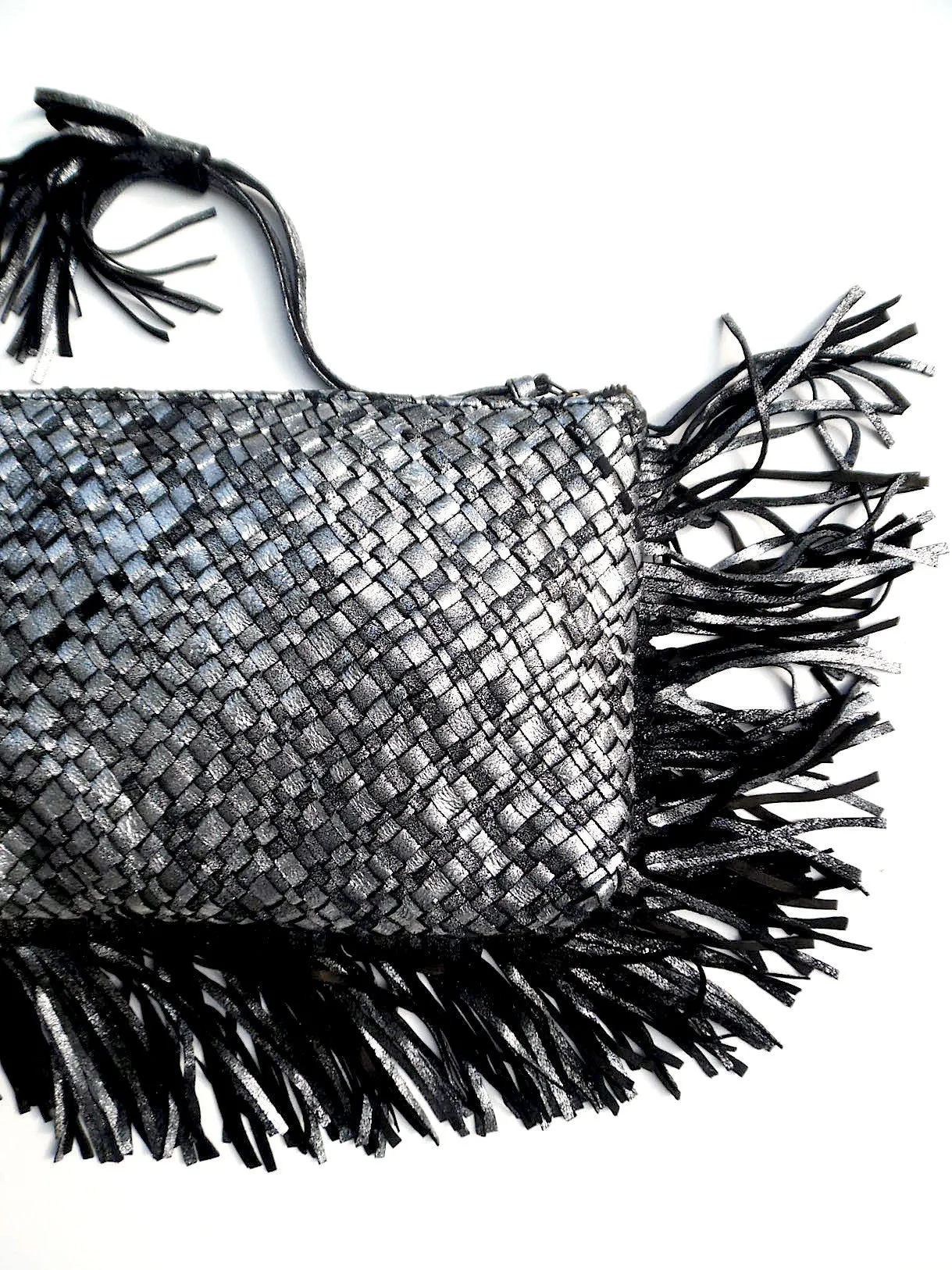 Hand Woven Leather Clutch With Fringe And Tassel Metallic