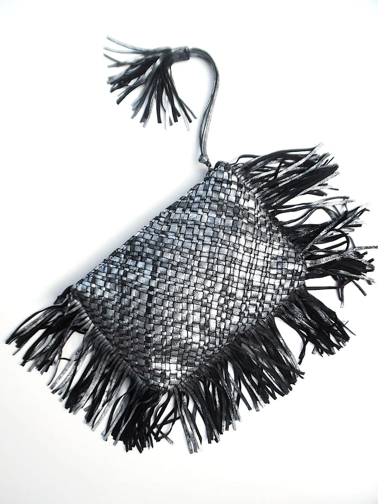 Hand Woven Leather Clutch With Fringe And Tassel Metallic