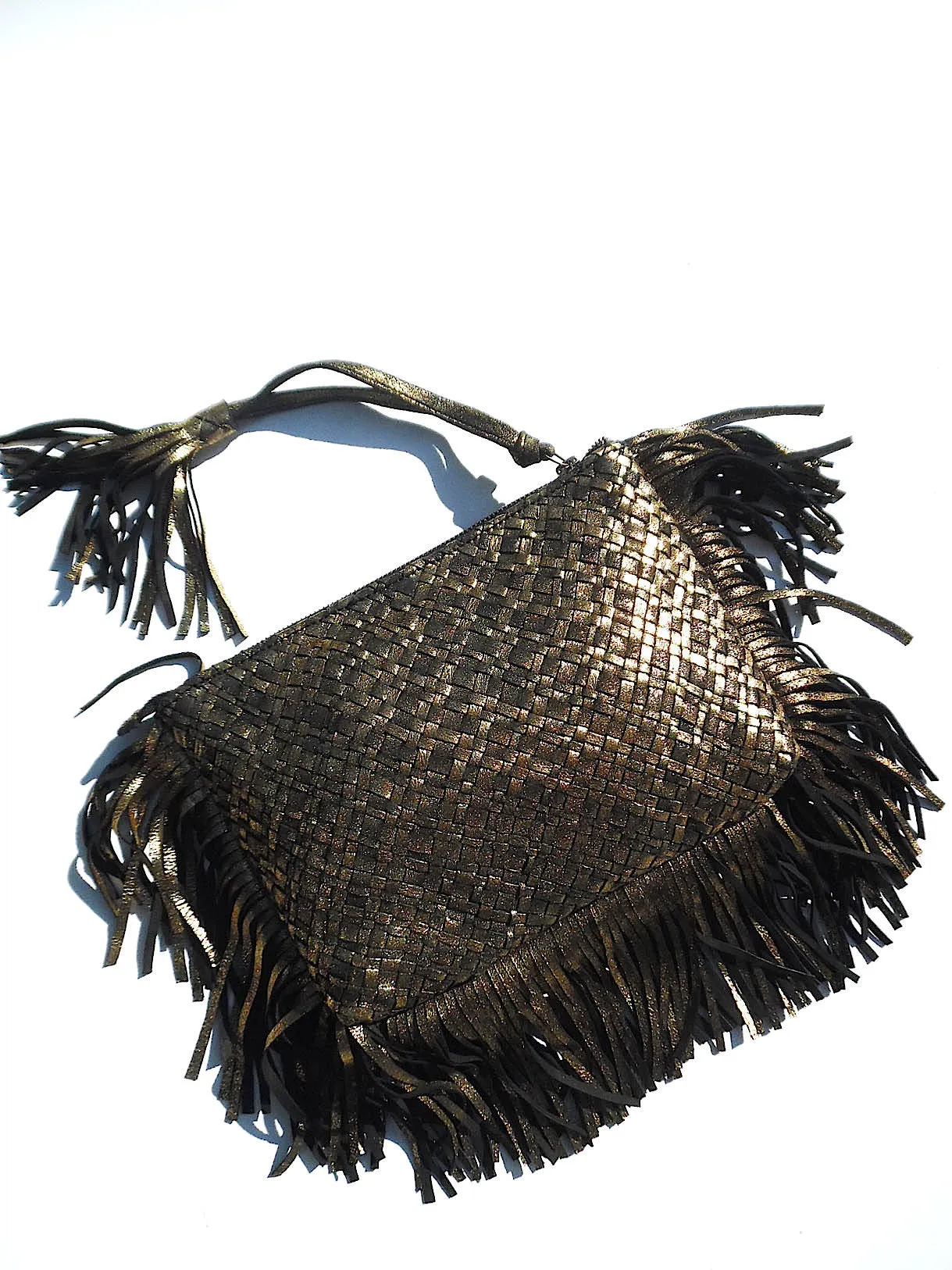 Hand Woven Leather Clutch With Fringe And Tassel Metallic