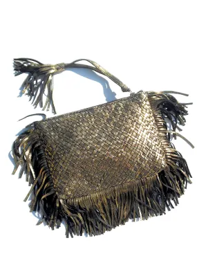 Hand Woven Leather Clutch With Fringe And Tassel Metallic