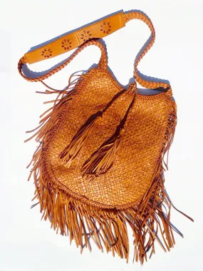 Hand Woven Leather Shoulder Cross Body Bag And Fringe Cognac