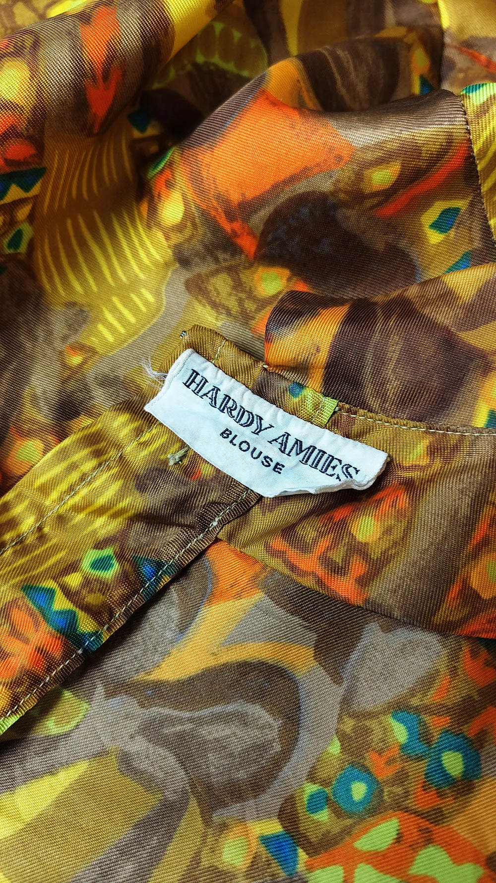 Hardy Amies Vintage Egyptian Print Silky Pussybow Blouse, 1960s