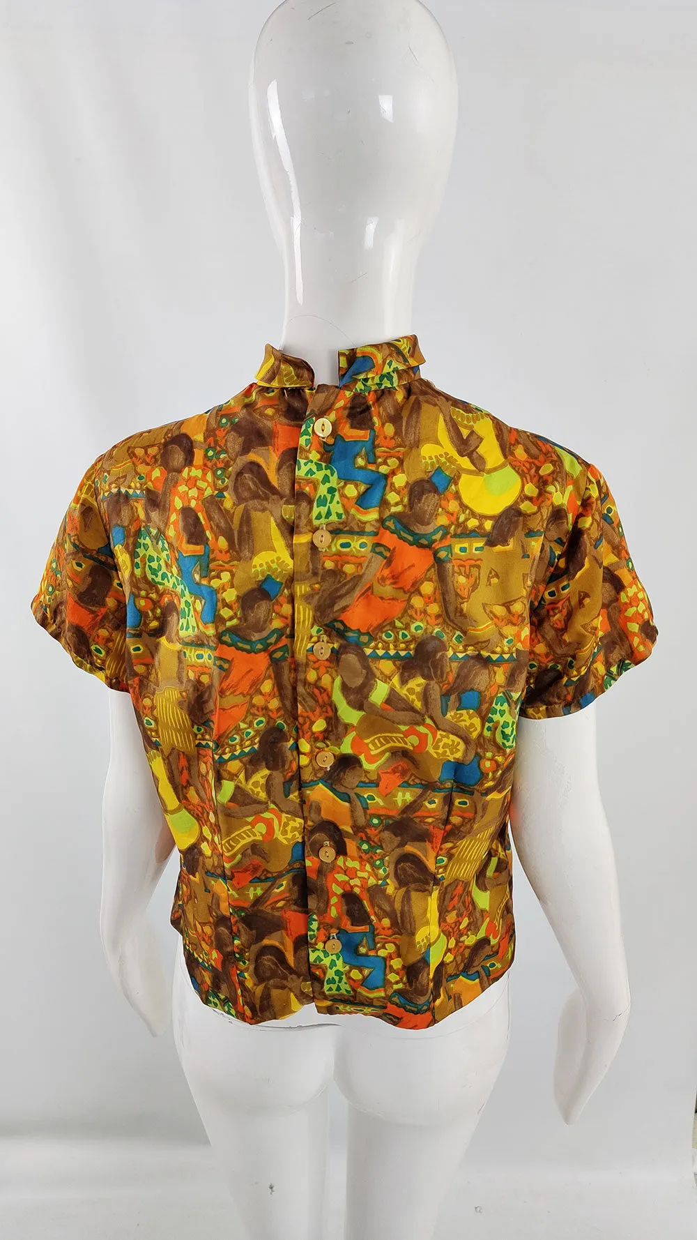 Hardy Amies Vintage Egyptian Print Silky Pussybow Blouse, 1960s