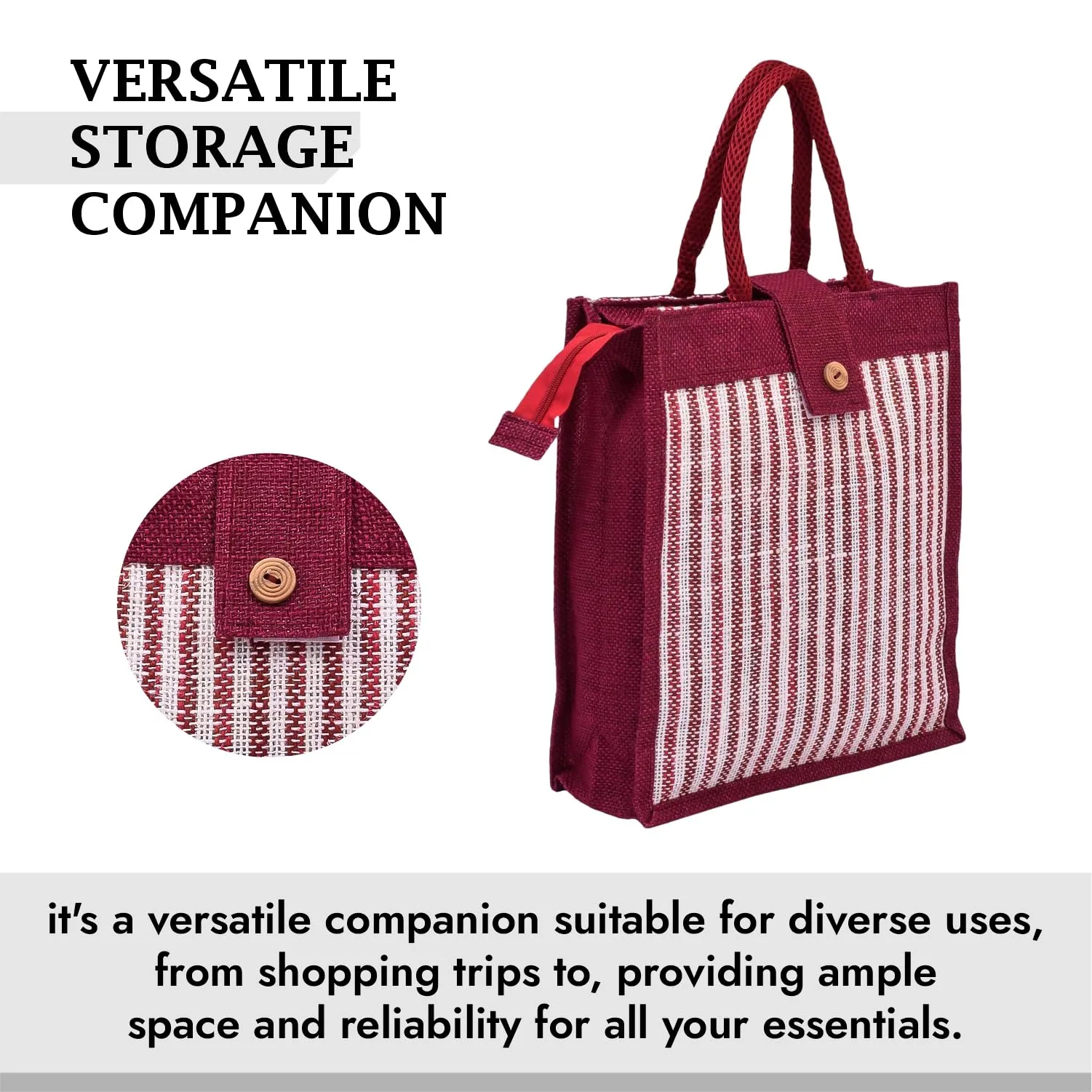 Heart Home Shopping Bag | Jute Carry Bag | Zipper Grocery Bag with Handle | Vegetable Bag with Top Flap | Reusable Shopping Bag | Lining-Grocery Bag | Medium | Maroon