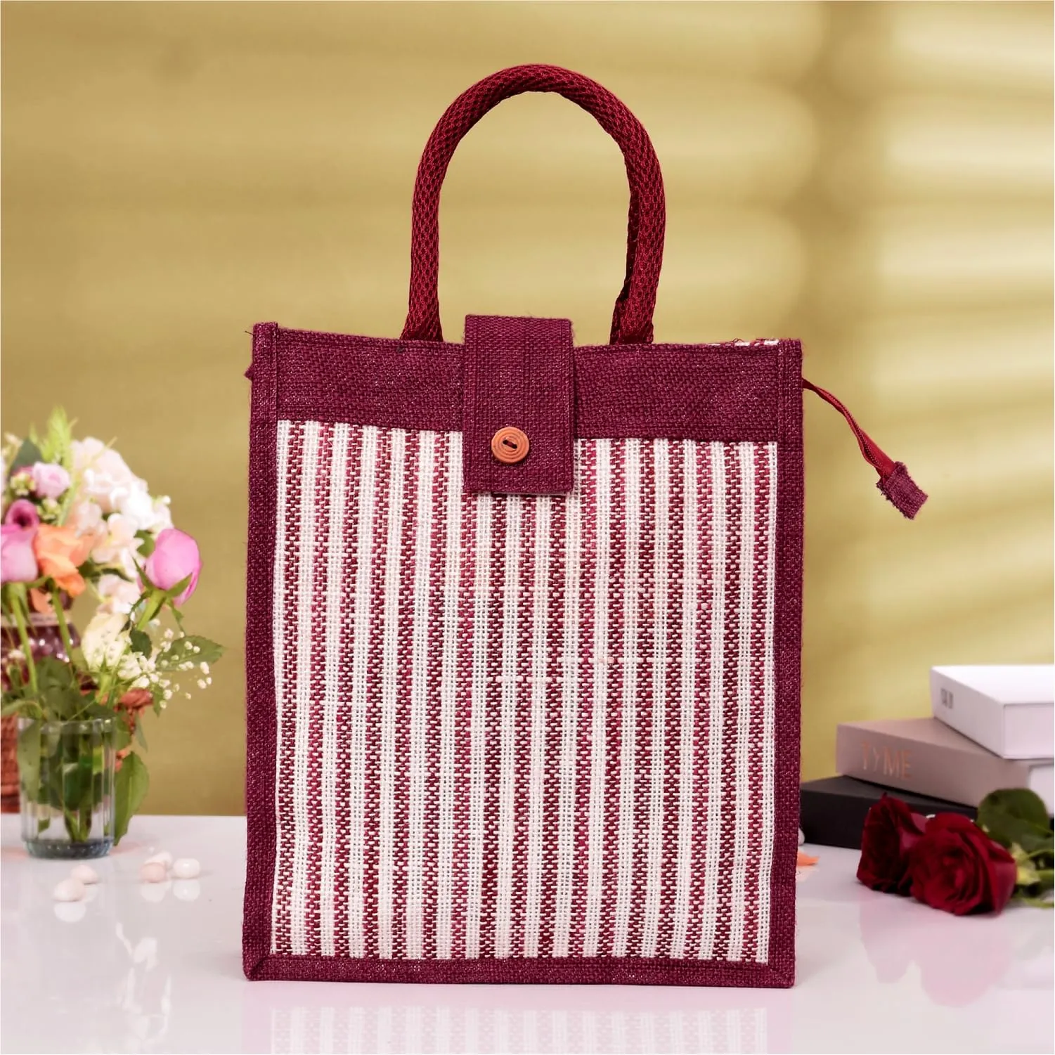 Heart Home Shopping Bag | Jute Carry Bag | Zipper Grocery Bag with Handle | Vegetable Bag with Top Flap | Reusable Shopping Bag | Lining-Grocery Bag | Medium | Maroon