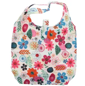 Heavy Duty Floral Print White Shopping Bag in Pocket Pouch