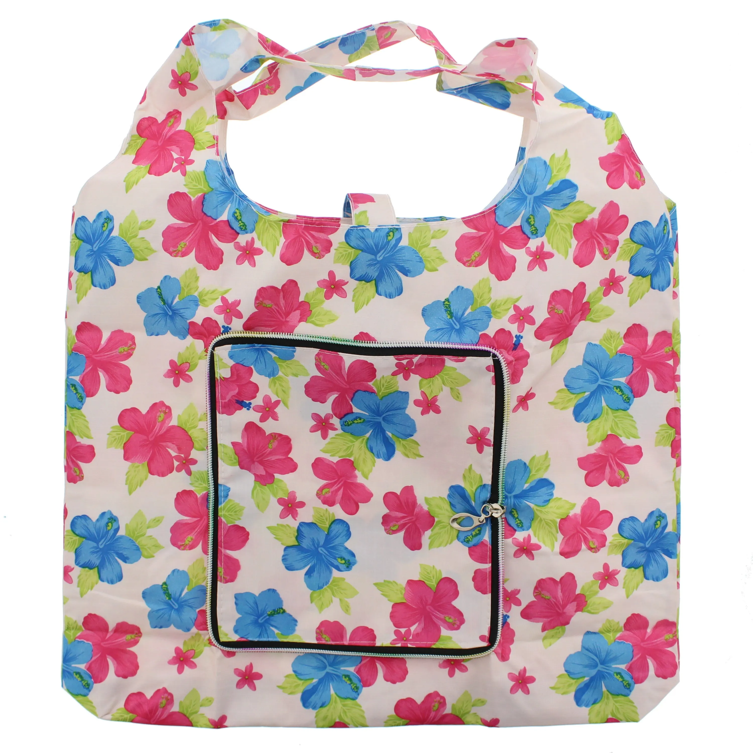 Heavy Duty Floral Print White Shopping Bag in Zip Wallet