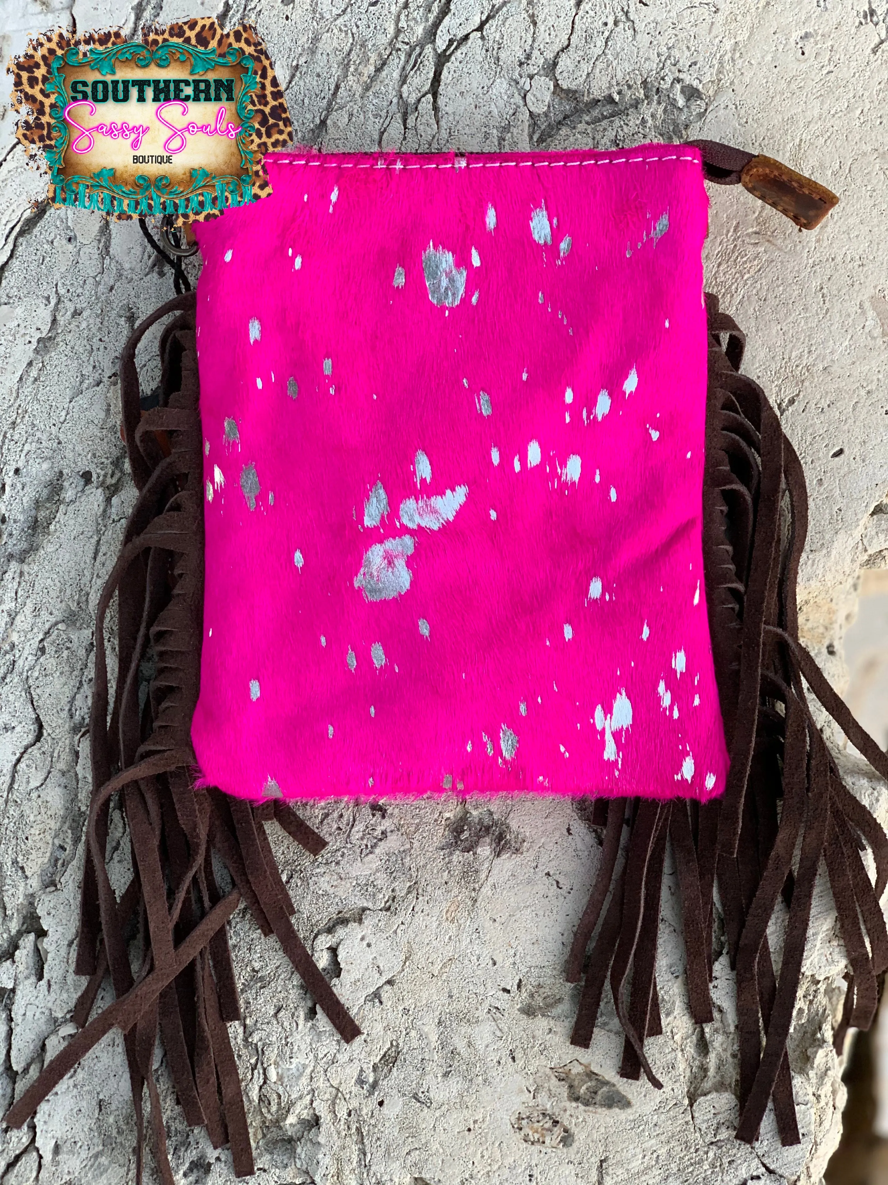 Hot Pink Brown Fringe Crossbody