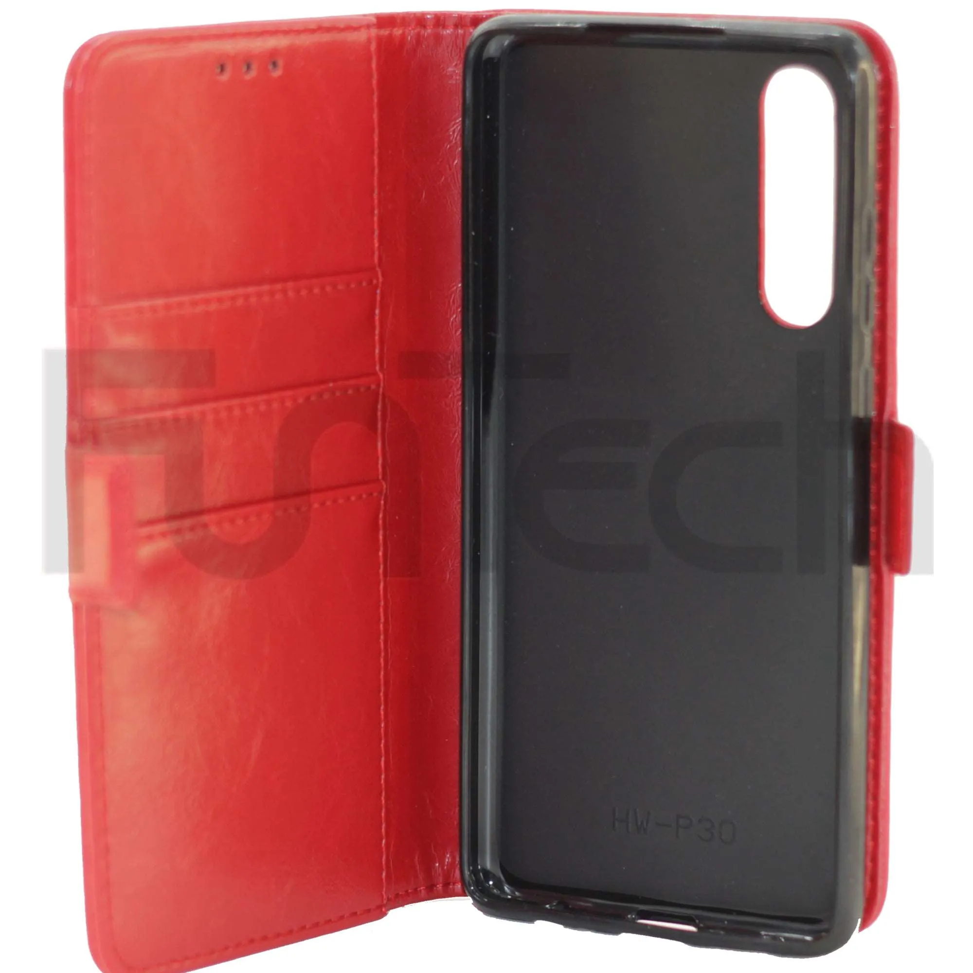 Huawei P30, Leather Wallet Case, Color Red,