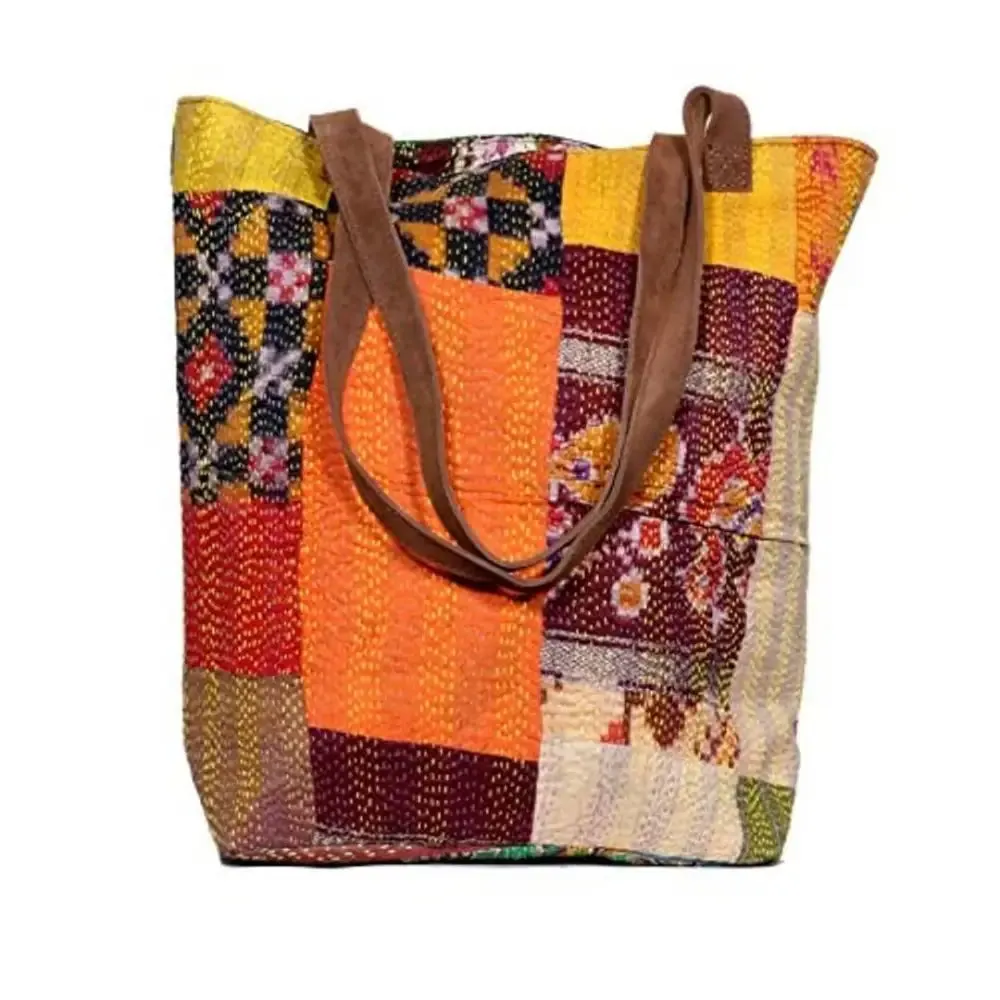 IndiWeaves Womens Silk Kantha Work Leather Handle Handmade Tote Bag Green/Purple/Beige