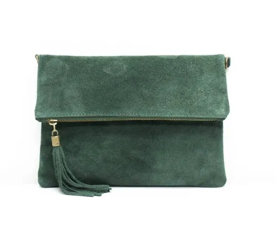 Italian Designer Foldover Plain Suede Leather Clutch Eleganza- Dark Green Forest Green