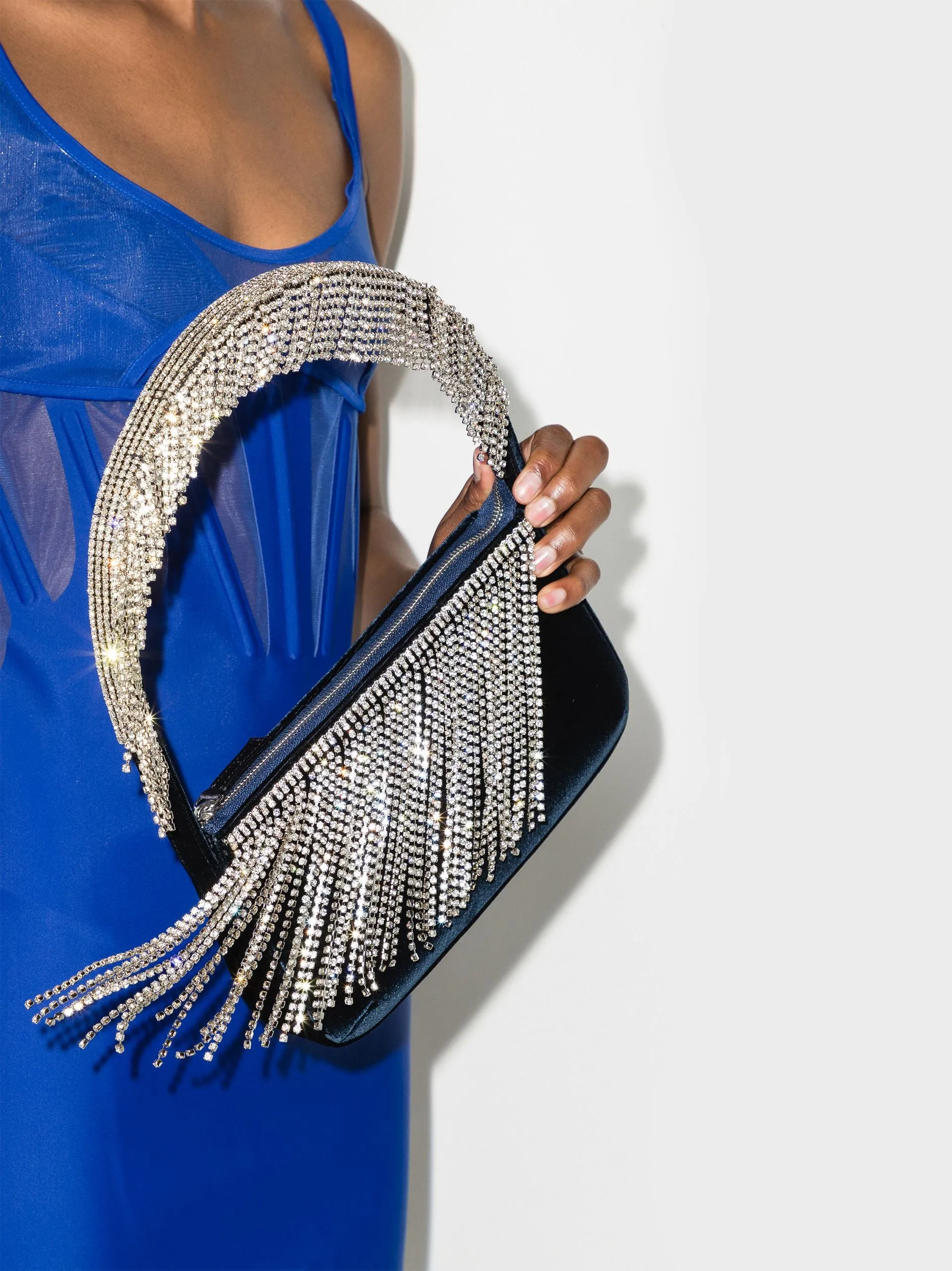 Jennifer crystal fringe navy velvet bag