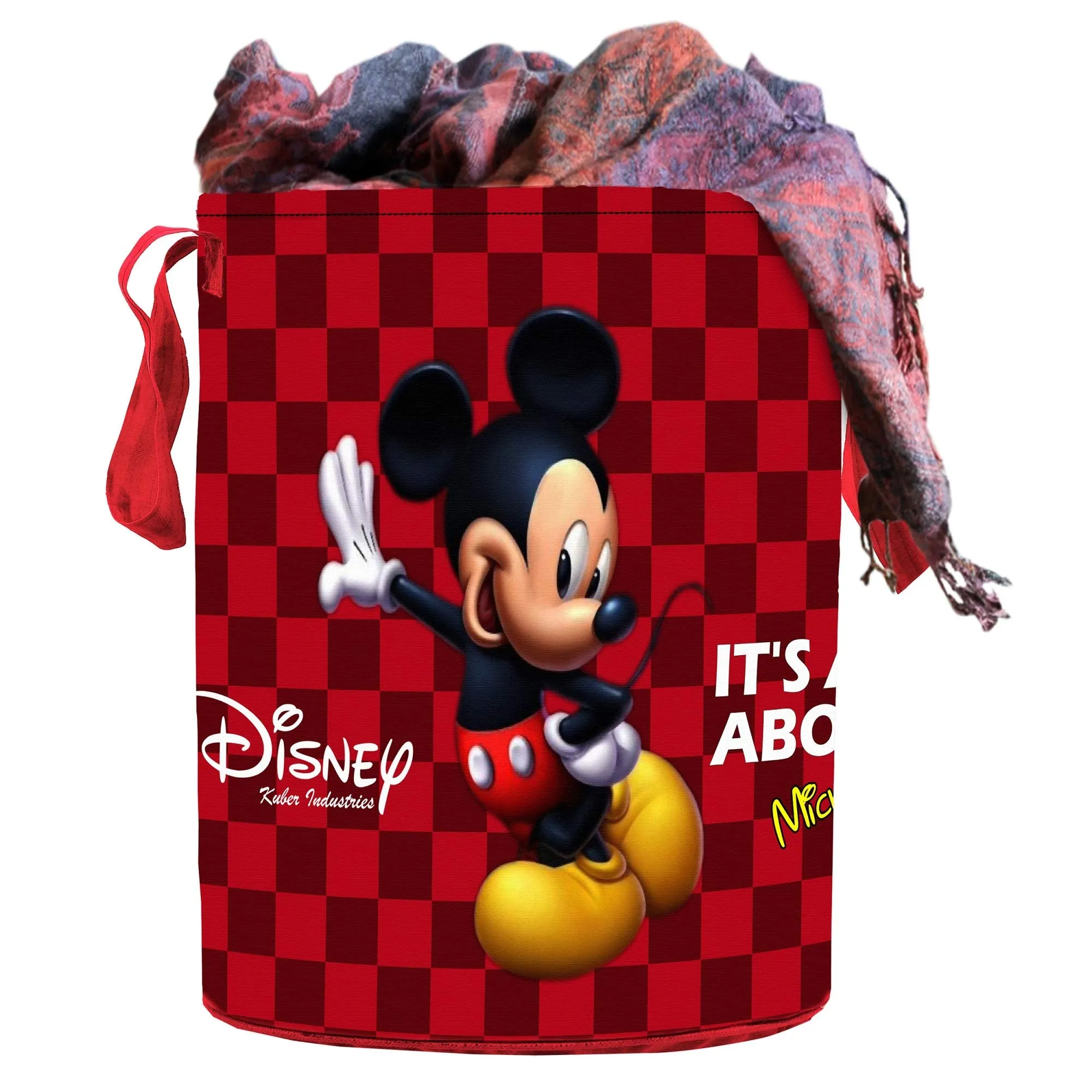 Kuber Industries Disney Mickey Print Round Non Woven Fabric Foldable Laundry Organiser with Handles,45 LTR (Set of 2, Maroon)-KUBMART11638