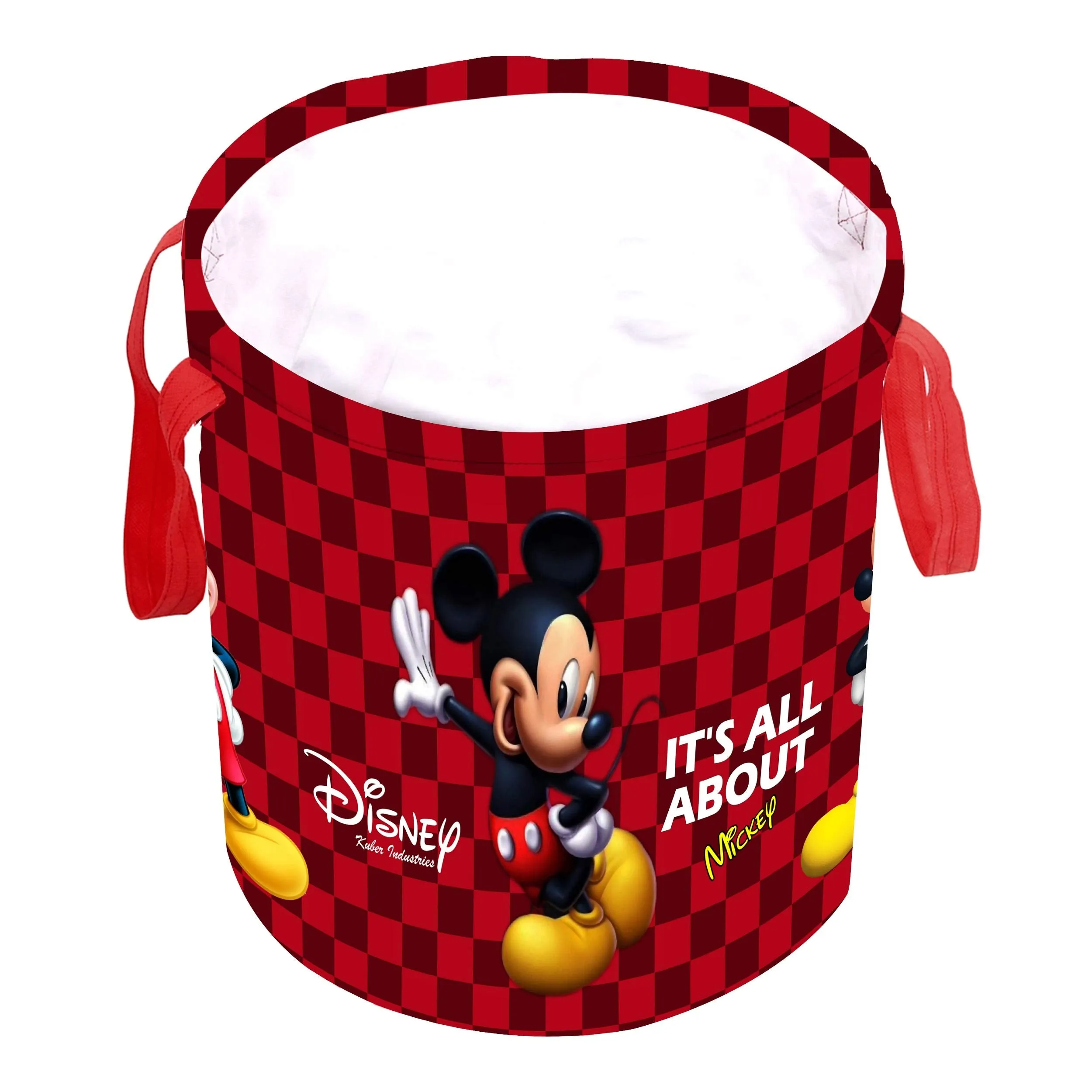 Kuber Industries Disney Mickey Print Round Non Woven Fabric Foldable Laundry Organiser with Handles,45 LTR (Set of 2, Maroon)-KUBMART11638