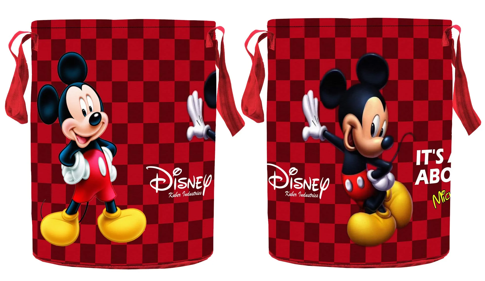 Kuber Industries Disney Mickey Print Round Non Woven Fabric Foldable Laundry Organiser with Handles,45 LTR (Set of 2, Maroon)-KUBMART11638