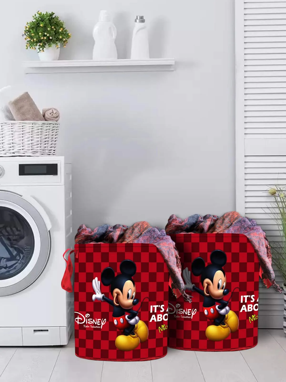 Kuber Industries Disney Mickey Print Round Non Woven Fabric Foldable Laundry Organiser with Handles,45 LTR (Set of 2, Maroon)-KUBMART11638