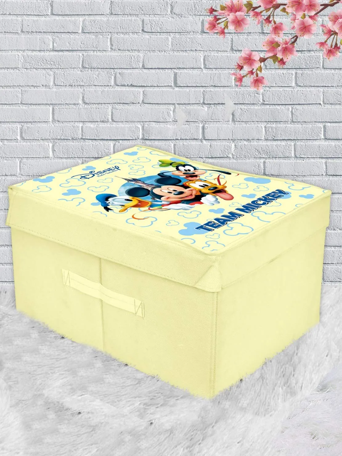 Kuber Industries Disney Team Mickey Print Non Woven 2 Pieces Fabric Foldable Saree,Shirt Cover Storage Organizer Box with With Lid, Extra Large (Cream)-KUBMART16330