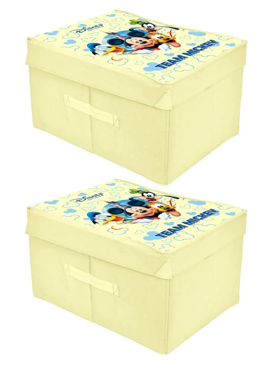 Kuber Industries Disney Team Mickey Print Non Woven 2 Pieces Fabric Foldable Saree,Shirt Cover Storage Organizer Box with With Lid, Extra Large (Cream)-KUBMART16330