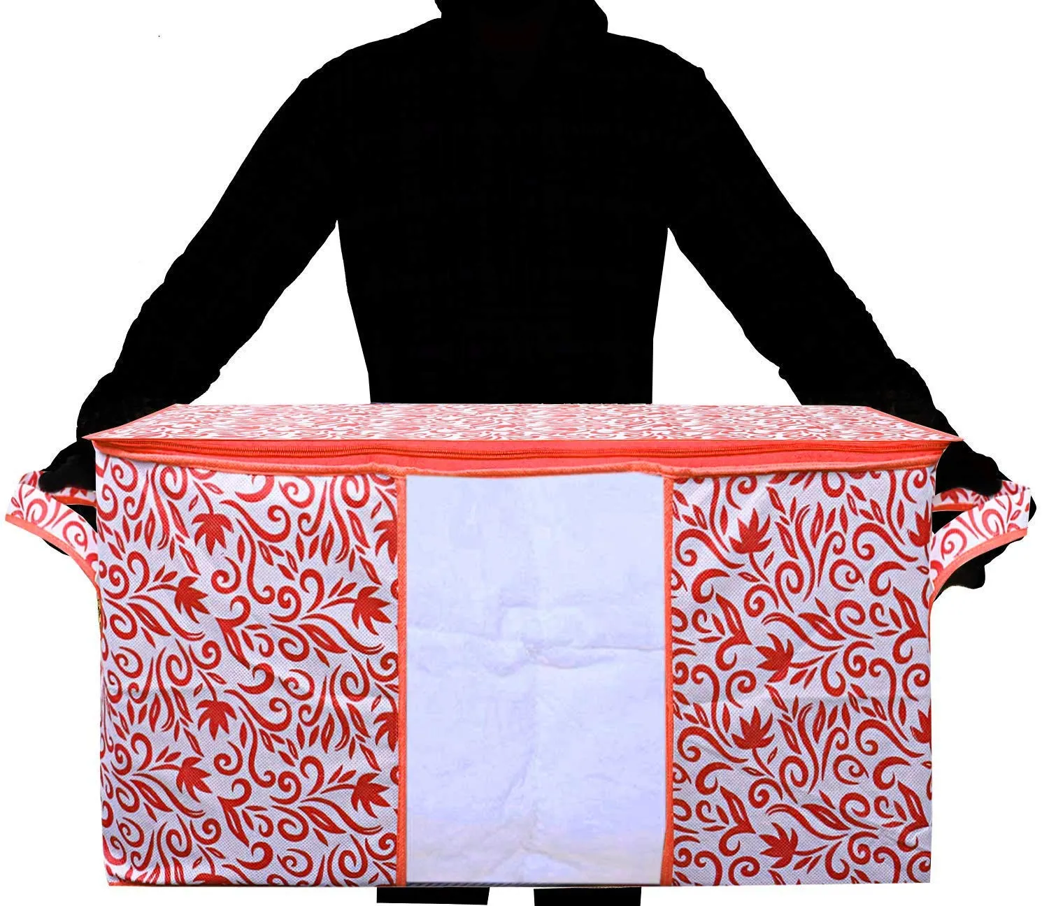 Kuber Industries Leaf Design Non Woven 6 Pieces Saree Cover and 3 Pieces Underbed Storage Bag, Cloth Organizer for Storage, Blanket Cover Combo Set (Red) -CTKTC038675