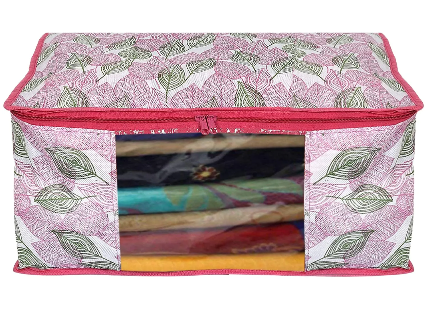 Kuber Industries Leaf Design Non-woven Foldable Saree Cover/Clothes Storage Bag/Wardrobe Organizer With Transparent Window- Pack of 9 (Pink)-44KM0365