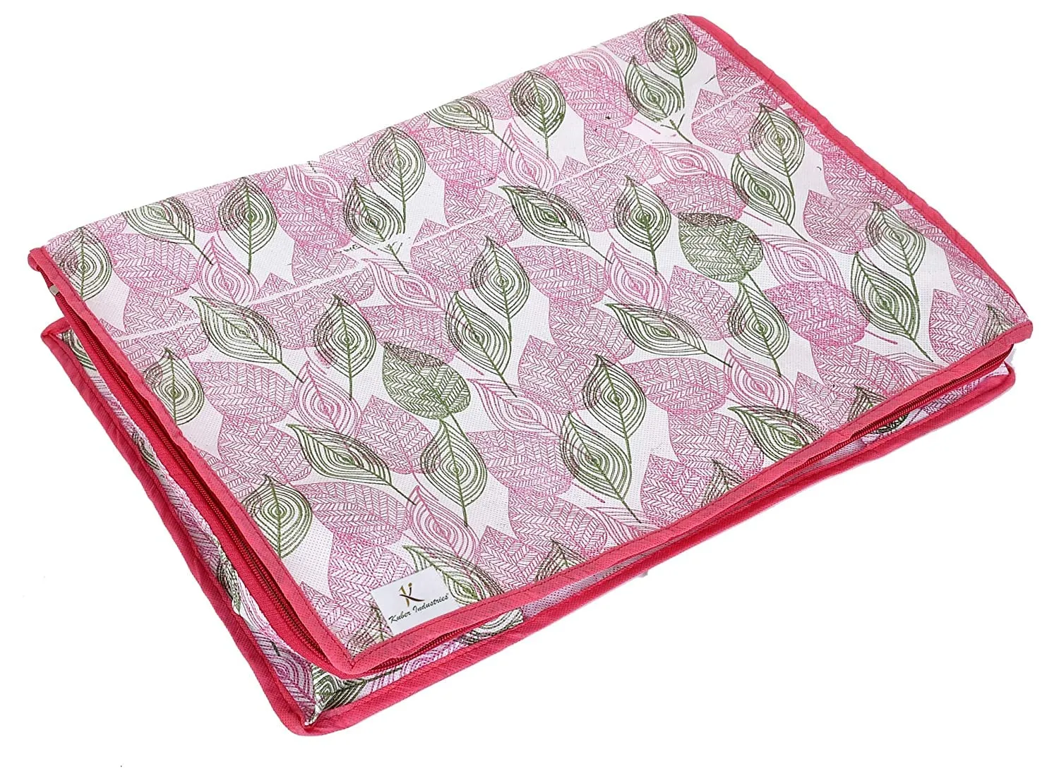 Kuber Industries Leaf Design Non-woven Foldable Saree Cover/Clothes Storage Bag/Wardrobe Organizer With Transparent Window- Pack of 9 (Pink)-44KM0365